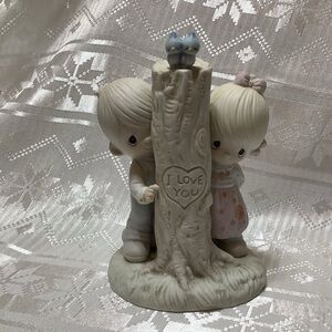 Precious Moments Boy and Girl Peeking Around A Tree Porcelain Vintage 1979
